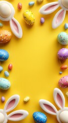 Colorful Easter Eggs and Bunny Ears Border on Yellow