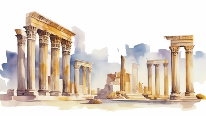 A watercolor illustration of ancient ruins featuring classical columns and stone structures against a soft, shaded background.