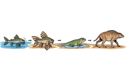 Obraz premium Illustration of fish evolving into a land mammal showing evolutionary stages from water to land concept of adaptation and c