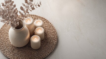 Four lit candles in a vase with dried eucalyptus flame