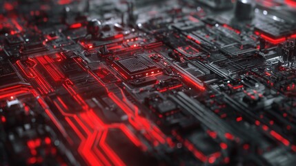 Futuristic circuit board with glowing red lights technology