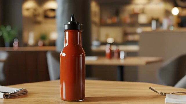 A close-up shot of a ketchup bottle on a restaurant table setting.