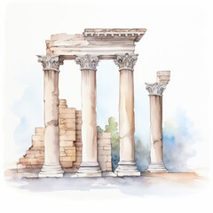 A watercolor illustration of ancient columns and ruins, showcasing classical architecture with detailed designs and a serene background.