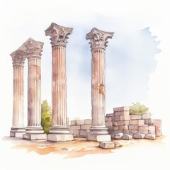 Four ancient columns stand majestically against a soft sky, showcasing classical architecture amidst scattered ruins and greenery.