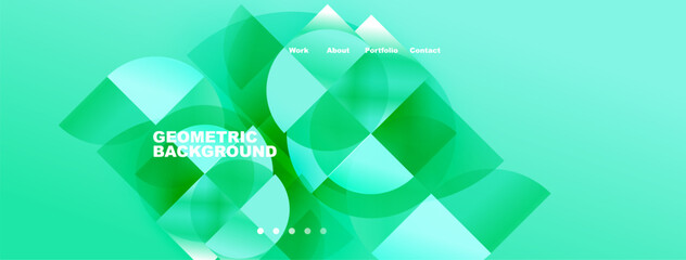 Abstract geometric background. Vibrant green hues blend, creating modern design. Navigation links present top right corner.