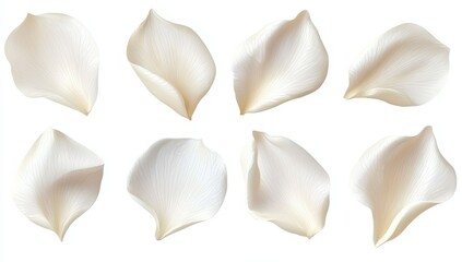 A collection of delicate, white flower petals arranged in a visually appealing manner, showcasing their soft curves and textures.