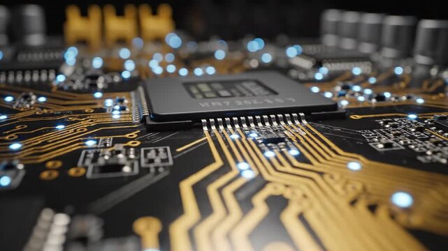 Close up of computer processor chip on circuit board with glowing lights