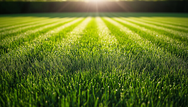 Close up photo of green lawn with striped pattern. Freshly mowed grass shines in sunlight. Texture of lush grass creates clean outdoor look
