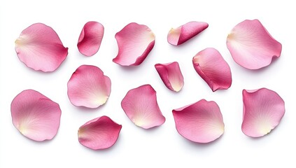 Delicate pink rose petals scattered artistically, showcasing their soft textures and gentle hues against a clean white background.