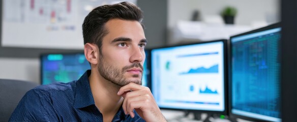 office worker reviewing stats on two screens at their workstation