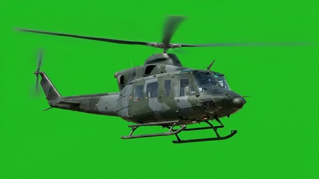Military helicopter in camouflage mid-flight against a vibrant green screen background, dynamic aerial view of an army chopper with spinning rotors