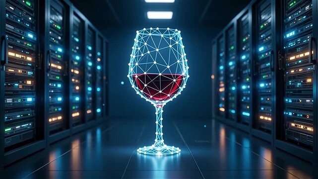 Digital visualization of a glowing wine glass surrounded by network servers, creating a vibrant and technological atmosphere