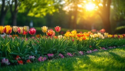 A vibrant garden scene featuring colorful tulips basking in sunlight, surrounded by lush greenery and blooming flowers.