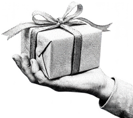 Monochrome halftone illustration of hand holding wrapped square gift box tied with ribbon and bow isolated on transparent background