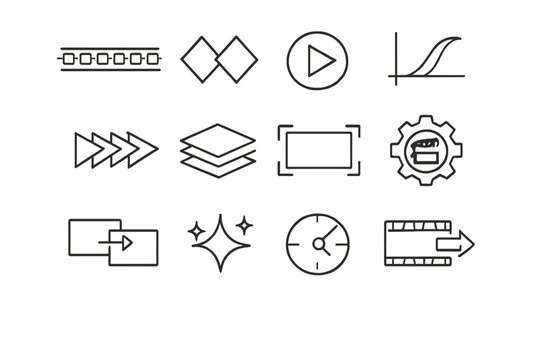 Motion Graphics Icons. Motion Graphics. Line outline icon set of motion graphics: timeline frames, keyframes