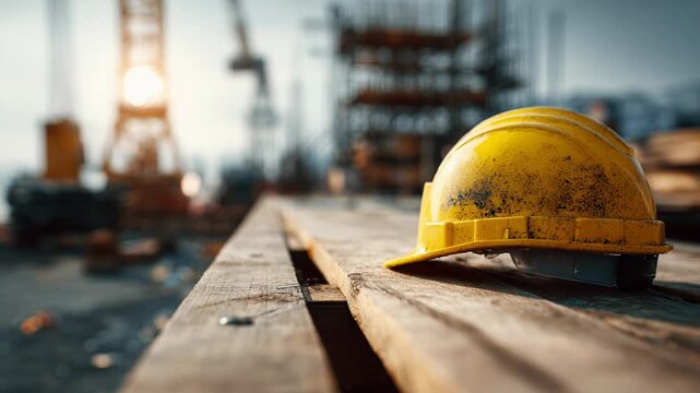Yellow hard hat helmet for safety at construction site. industry background shows building progress with heavy equipment, representing development, engineering and work
