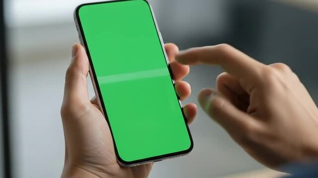 Hand holding smartphone with blank green screen ready for mobile application display