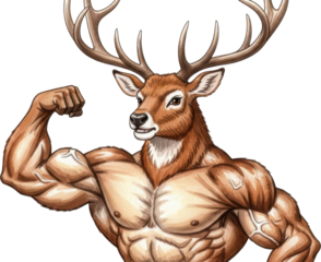 Muscular deer with antlers flexing arm isolated on transparent background