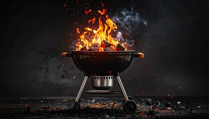 Hot Empty Portable BBQ Grill with Flaming Fire and Glowing Charcoal on Black Background