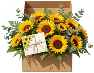 Abundant sunflower bouquet with a greeting card in an open brown box on a transparent background