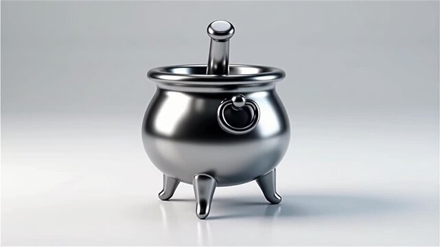 A shiny metallic cauldron with a pestle resting on its rim, displaying a polished surface and elegant design against a neutral background
