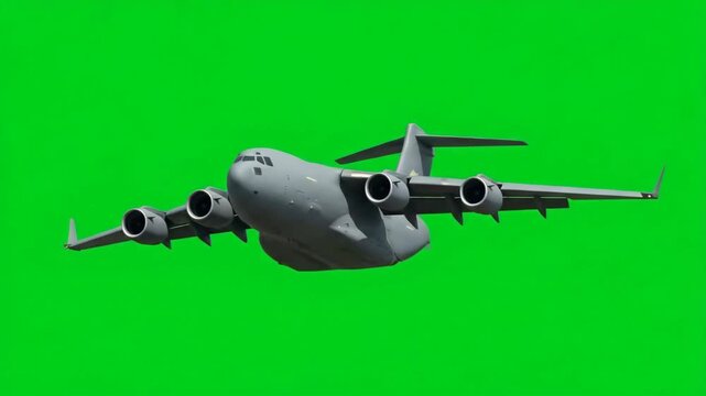 A powerful grey military transport plane soaring through the sky with a vibrant green background, ready for aerial operations
