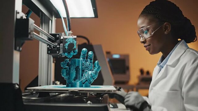 Skilled Woman Scientist in Lab Coat and Goggles Inspecting 3D Printed Prototype Model with Modern Technology in