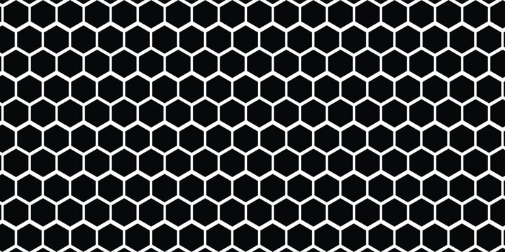 Black seamless hexagon pattern. Repeating honeycomb texture background. Geometric hexagonal halftone tech overlay backdrop. Abstract repeated hex texture. Vector retro technology dot wallpaper