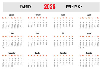 Vector simple calendar in red and black colors on a white background in English for 2026