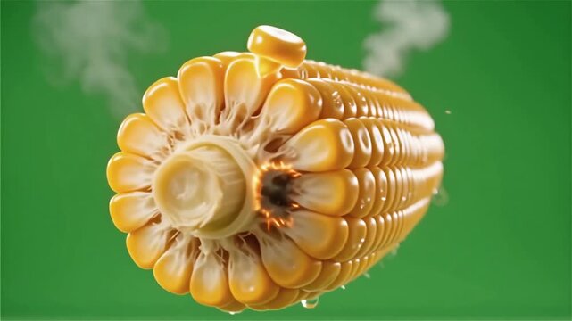 Close-up shot of a floating, steam-emitting corn cob on a vibrant green background, showcasing intricate kernels and moisture