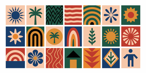 Colorful geometric patterns arranged in a grid featuring suns plants and abstract shapes