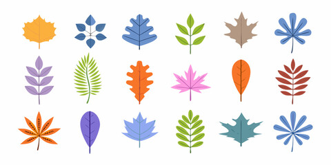 Colorful collection of various stylized leaf shapes and designs flat illustration
