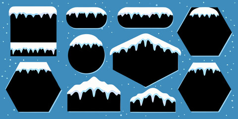 Various black shapes with white snow tops against a light blue background
