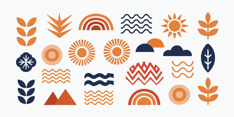 Abstract arrangement of colorful geometric shapes and natural motifs in warm tones