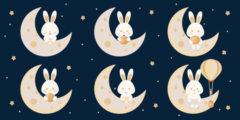Cute bunnies sitting on crescent moons with stars and a balloon