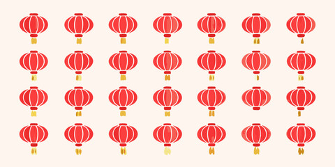 A grid of traditional red chinese lanterns with golden tassels displayed