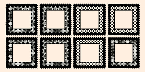 Intricate black and white geometric square frames arranged in a grid pattern