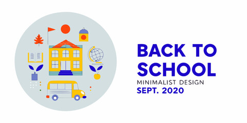 Back to school themed illustration featuring school supplies and building elements