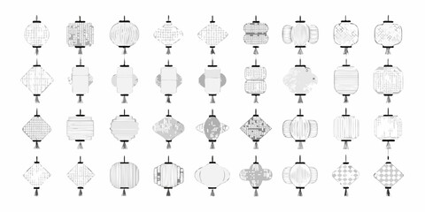 A collection of diverse decorative paper lanterns in a grid arrangement