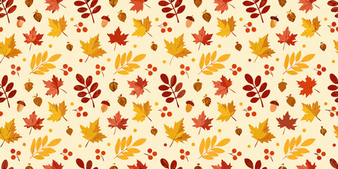 Autumnal pattern of colorful leaves acorns and berries on a cream background