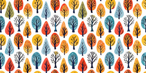 Colorful autumn trees pattern with repeating shapes and vibrant foliage
