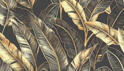 Elegant golden tropical leaves pattern on a dark background, featuring intricate metallic outlines and rich textures.
