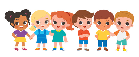 Diverse group of happy children standing together, smiling and holding hands, showing friendship, inclusion, and teamwork in a playful school community.