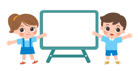 Two cheerful school children standing beside a blank classroom board, presenting space for learning content with happy and welcoming expressions.