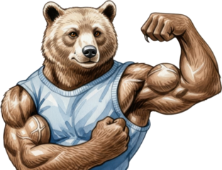 Muscular bear flexing its arm in a blue tank top isolated on transparent background