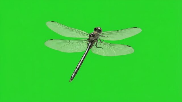 A Realistic Dragonfly Isolated on a Bright Green Background, Detailed Dragonfly Close-up Against a Chroma Key Backdrop