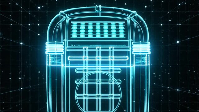 Futuristic jukebox design with glowing blue lines against a dark grid background, creating a digital ambiance