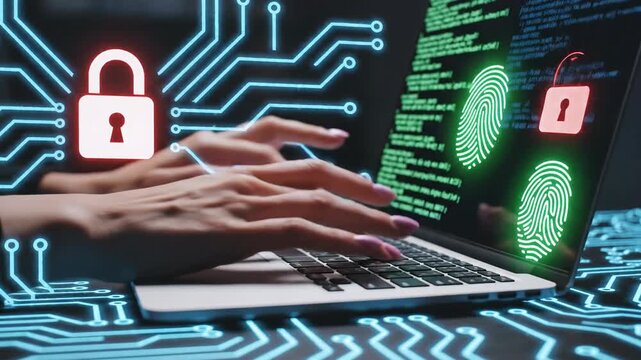 Digital security concept with fingerprint scan and padlock icon on laptop screen