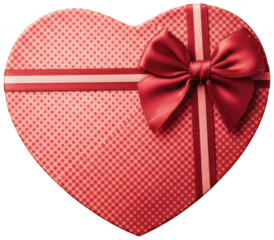 Heart shaped red gift box with polka dot pattern and satin bow ribbon