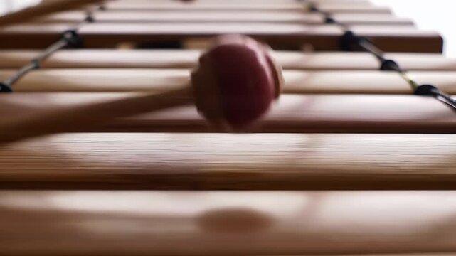 Close-up of a mallet striking a xylophone, creating musical sounds and vibrations.
